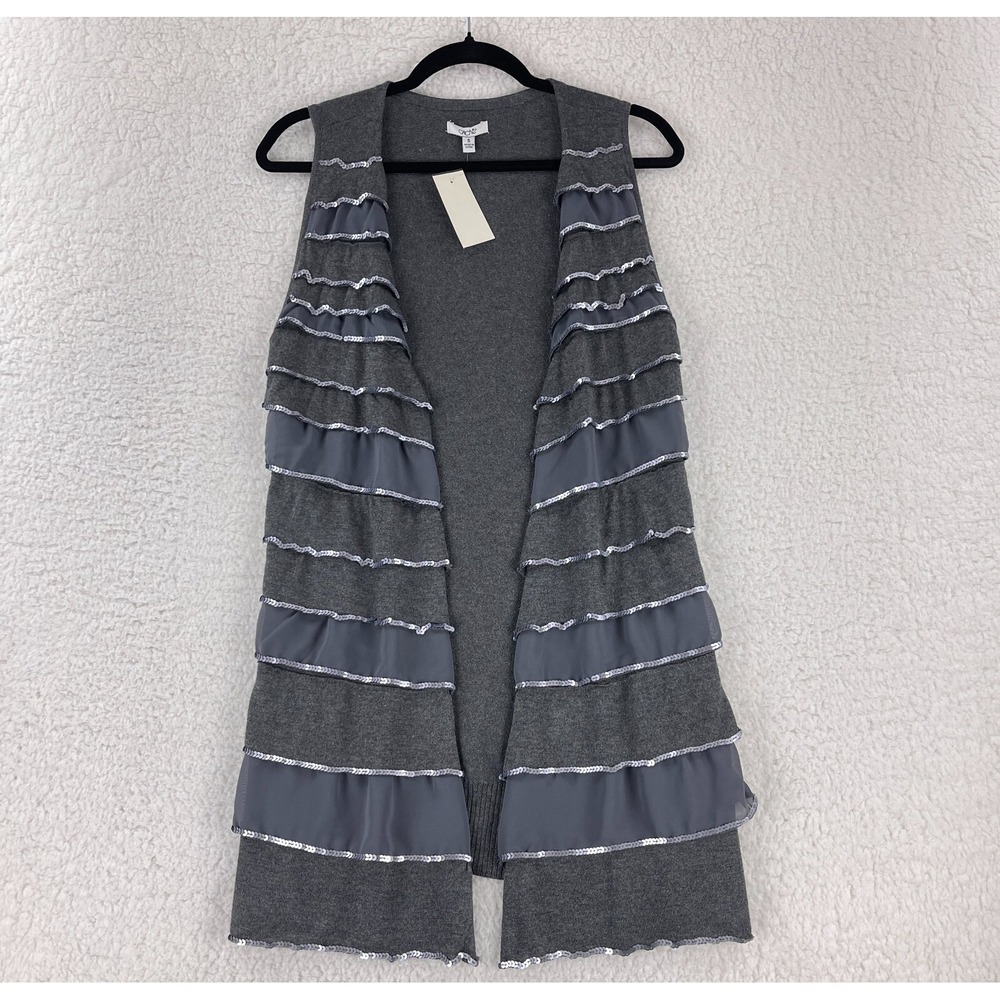Cache‎ Cardigan Womens Small Gray Sequins Tiered Open Front Sleeveless Lace New